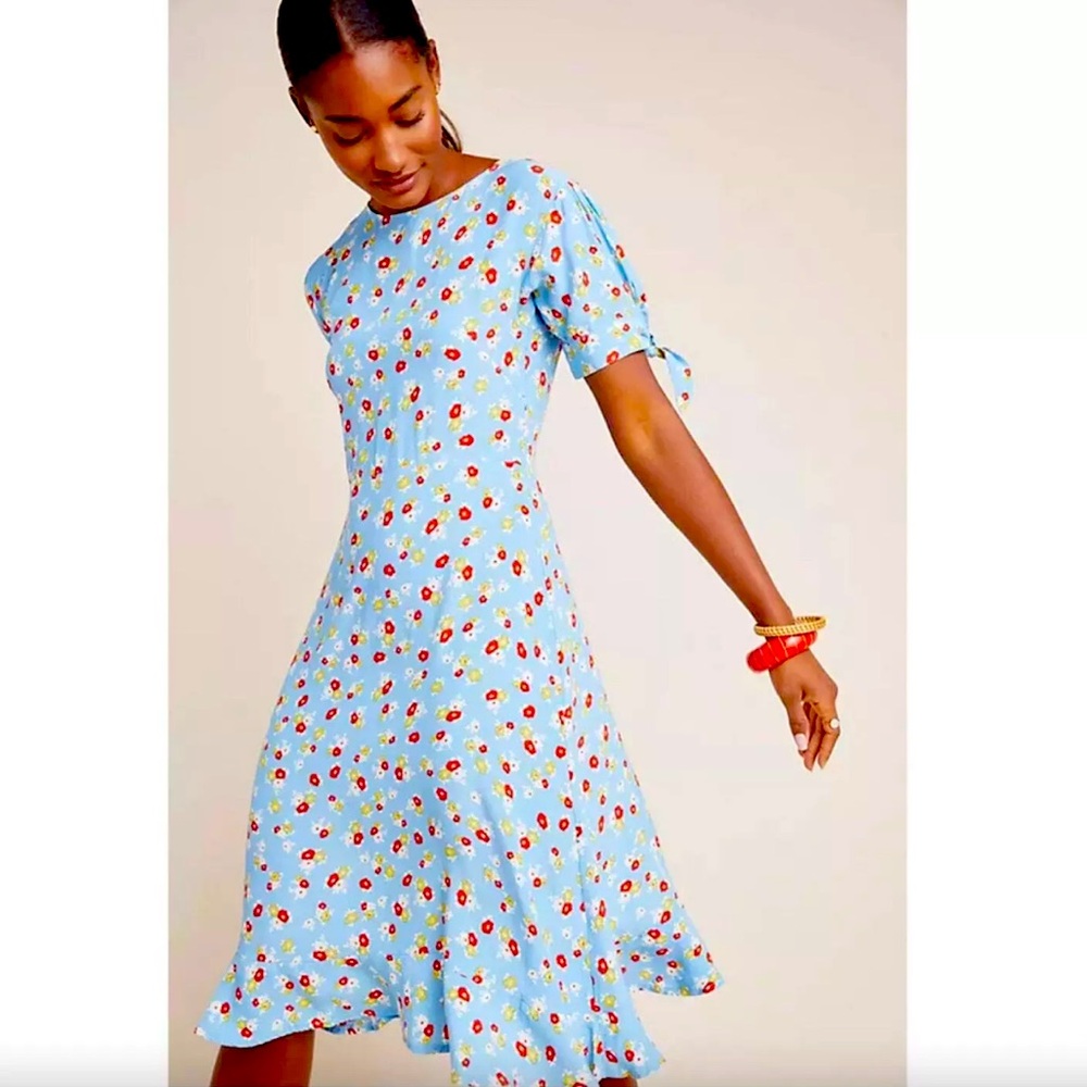 Faithfull the Brand Sky-Blue Floral Tie-Sleeve Midi Dress